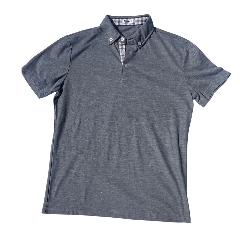 Tinkwell Mens Polo Shirt Small Gray Short Sleeve Gingham Trim Button Down Collar